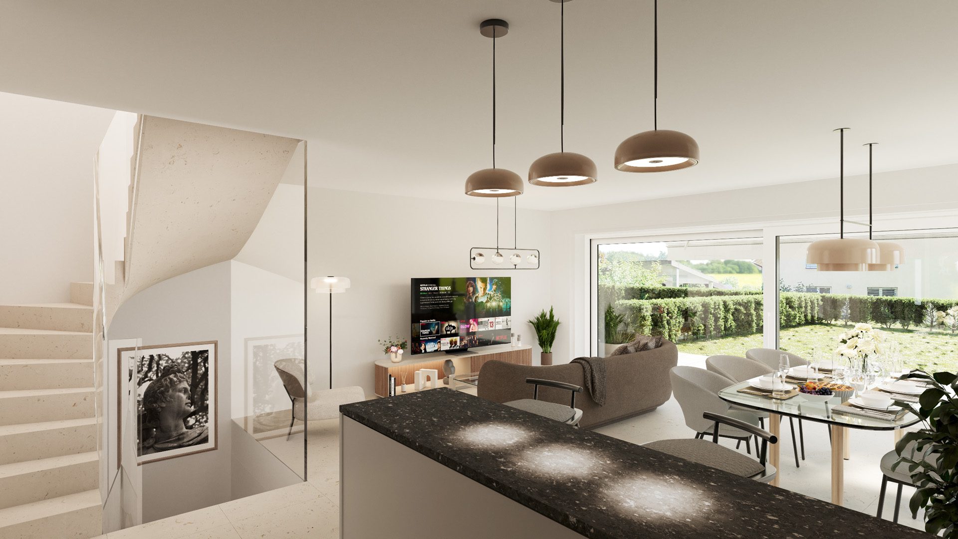 Cuisine ilot central villa Domdidier Cuisine ouverte avec îlot central et escalier design villa neuve Domdidier