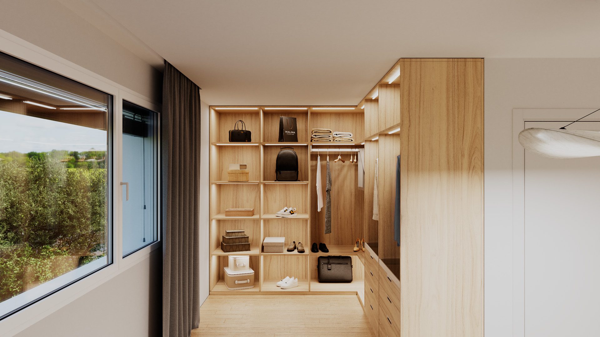Dressing villa Domdidier Dressing room aménagé moderne avec fenêtre et rangements bois villa Domdidier